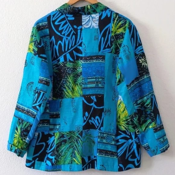 Chico's 3/4 Sleeve Silk-Linen Blend Button Down Jacket, Turquoise / Black - Picture 2 of 10